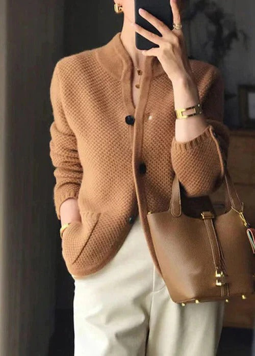 Women's textured knit cardigan with a stand collar and buttoned cuffs - camel