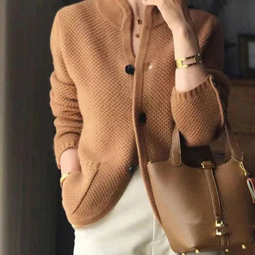 Women's textured knit cardigan with a stand collar and buttoned cuffs