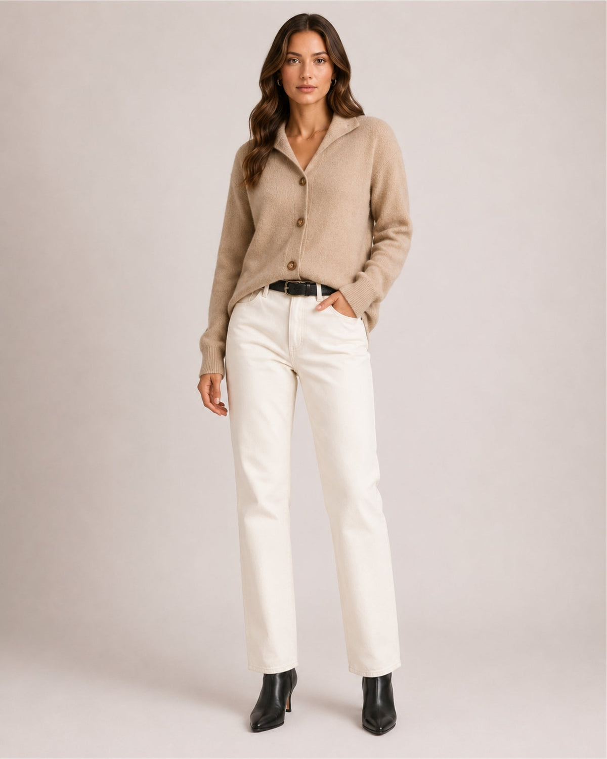 Women's textured knit cardigan with a flat collar and button front - beige