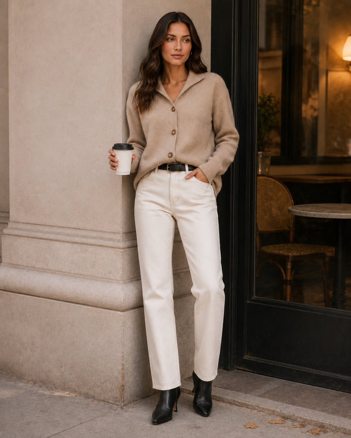 Women's textured knit cardigan with a flat collar and button front