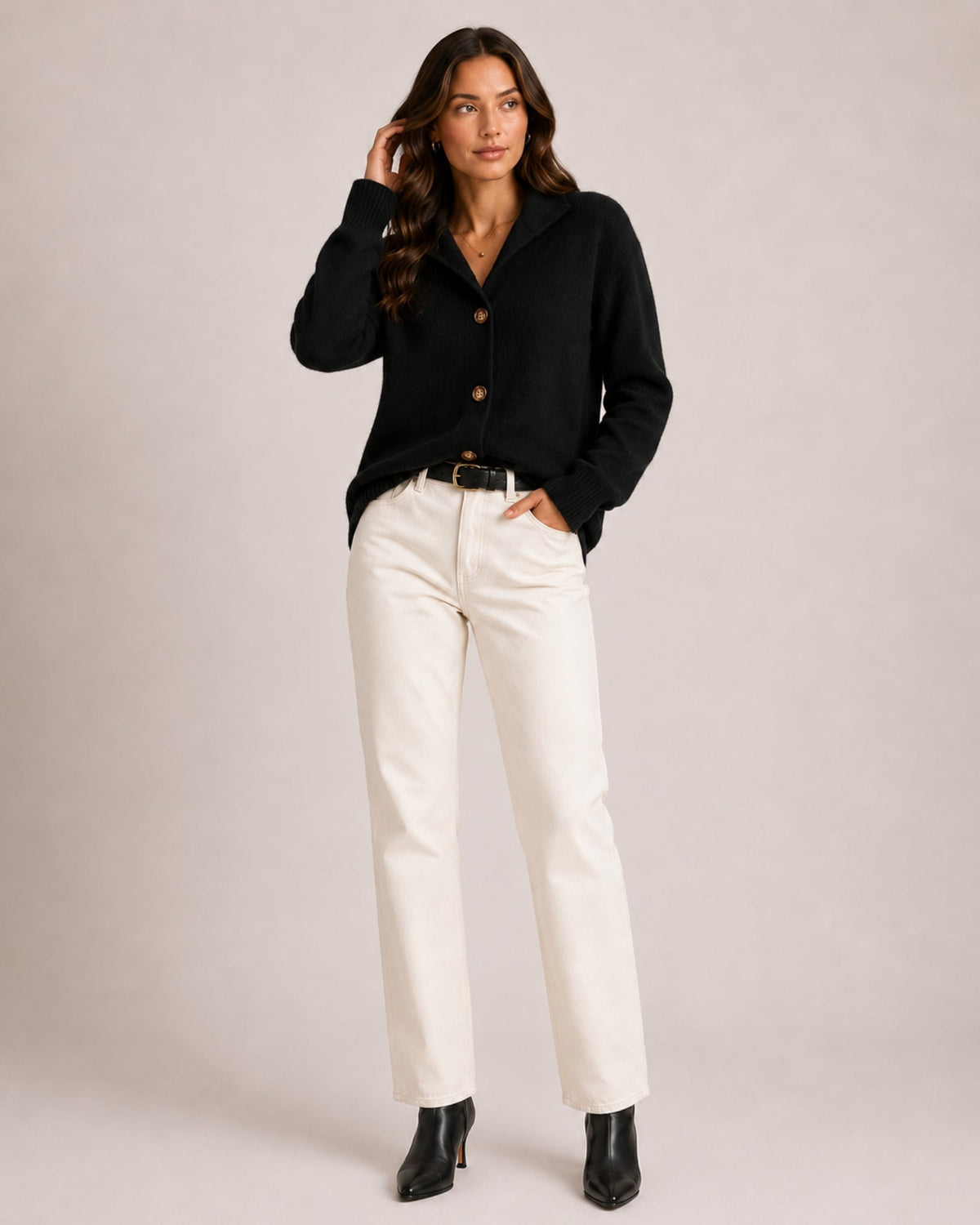 Women's textured knit cardigan with a flat collar and button front - black