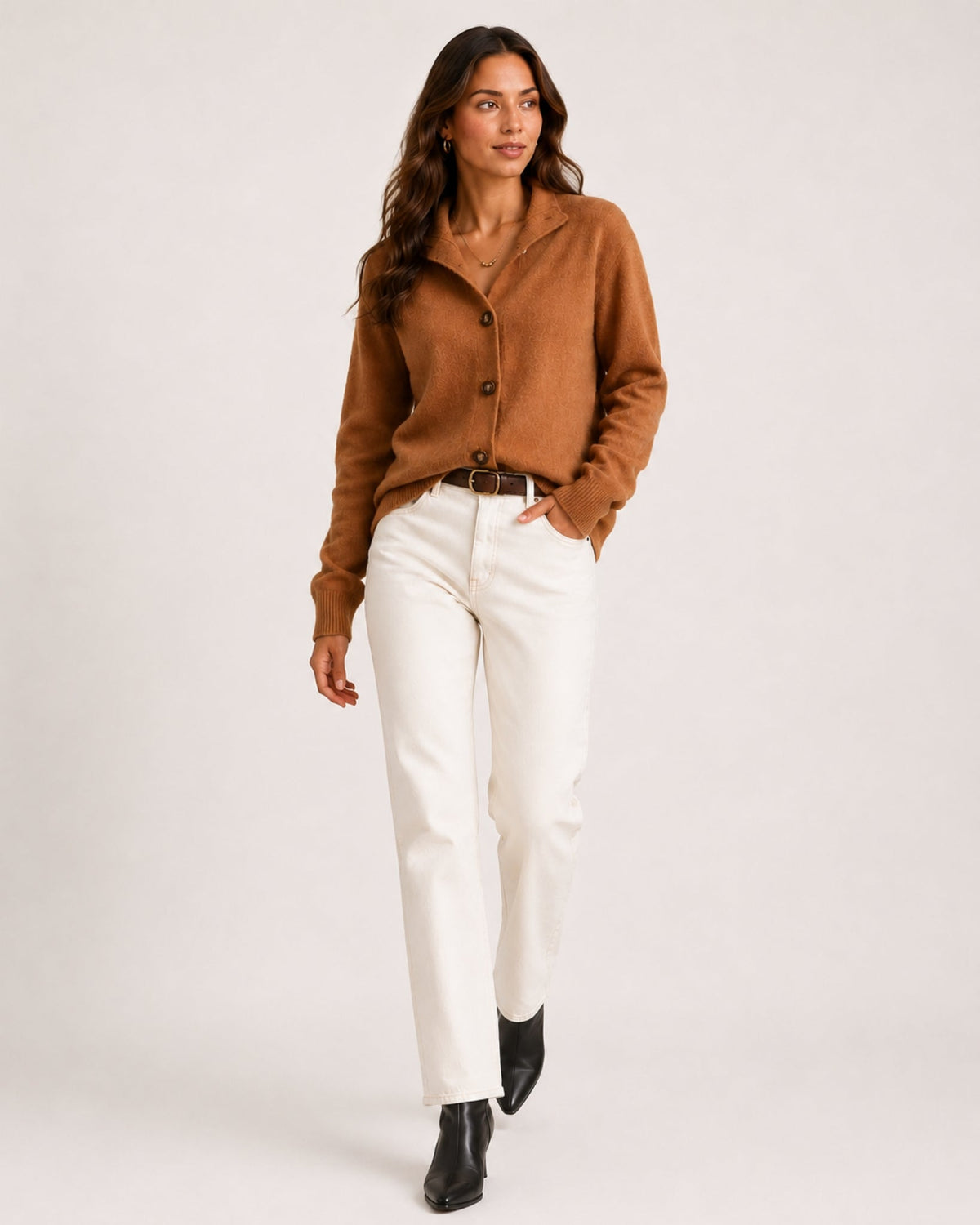 Women's textured knit cardigan with a flat collar and button front - tan