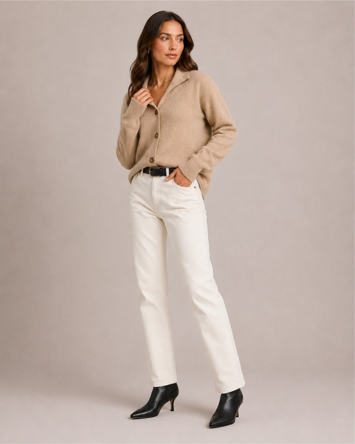 Women's textured knit cardigan with a flat collar and button front