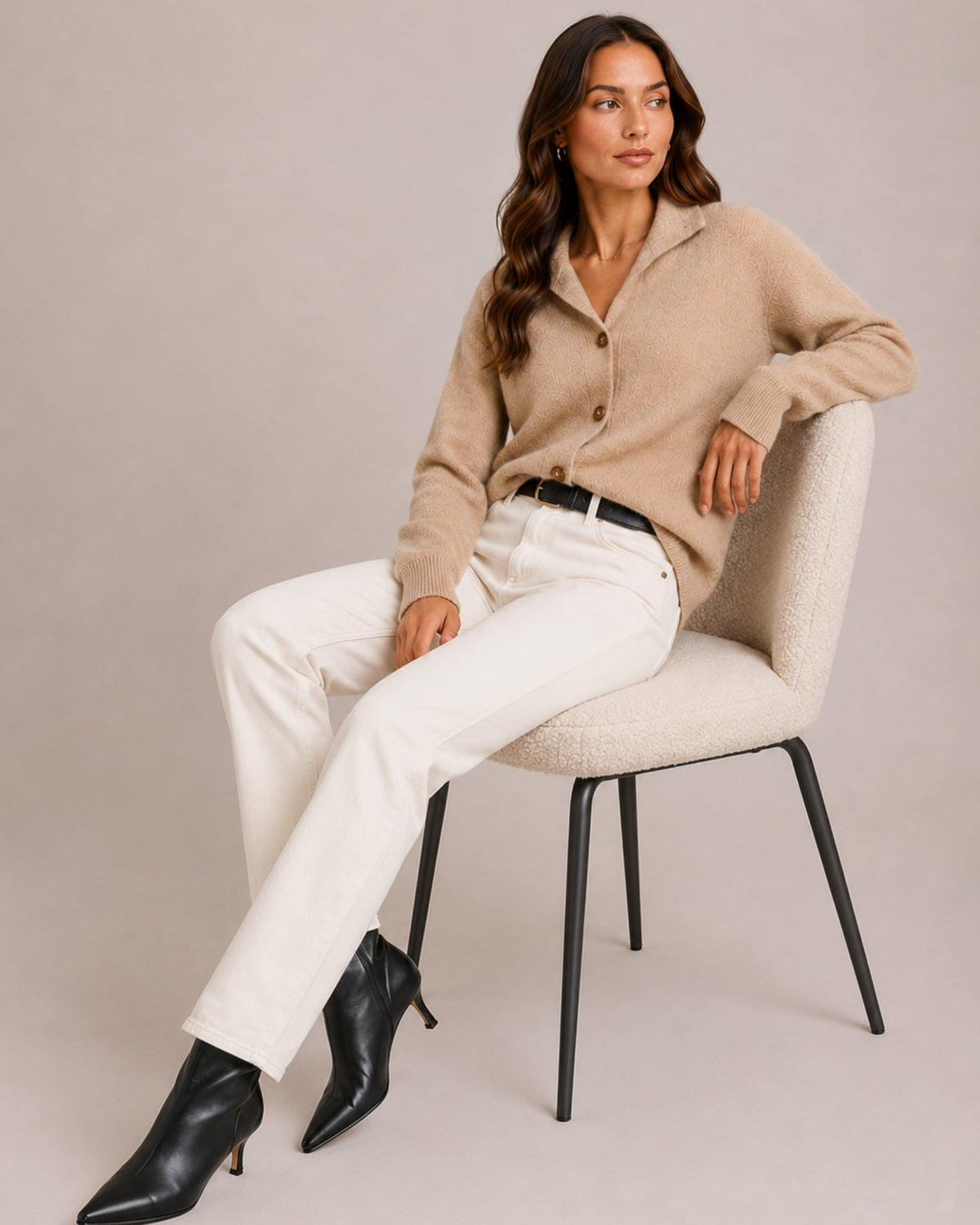 Women's textured knit cardigan with a flat collar and button front