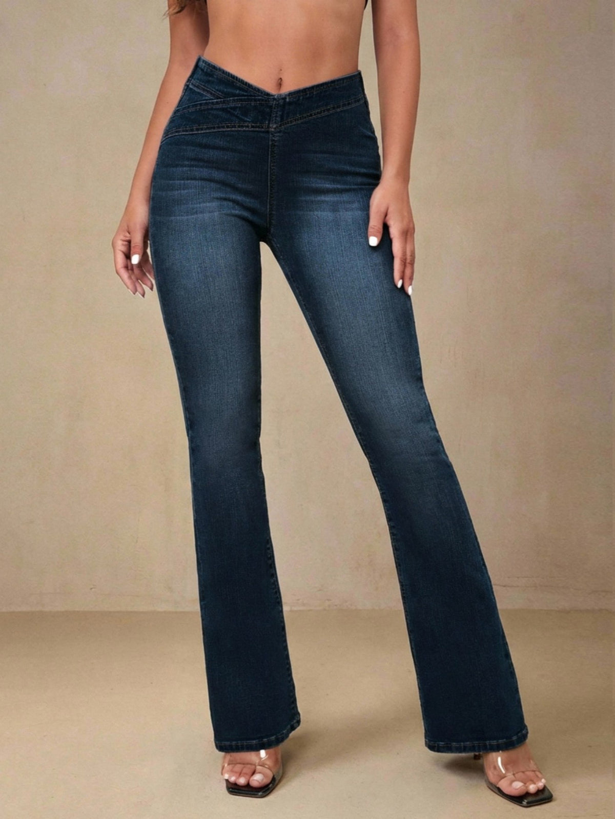 Thermal lined flared jeans for women with a V-shaped waistband - dark blue