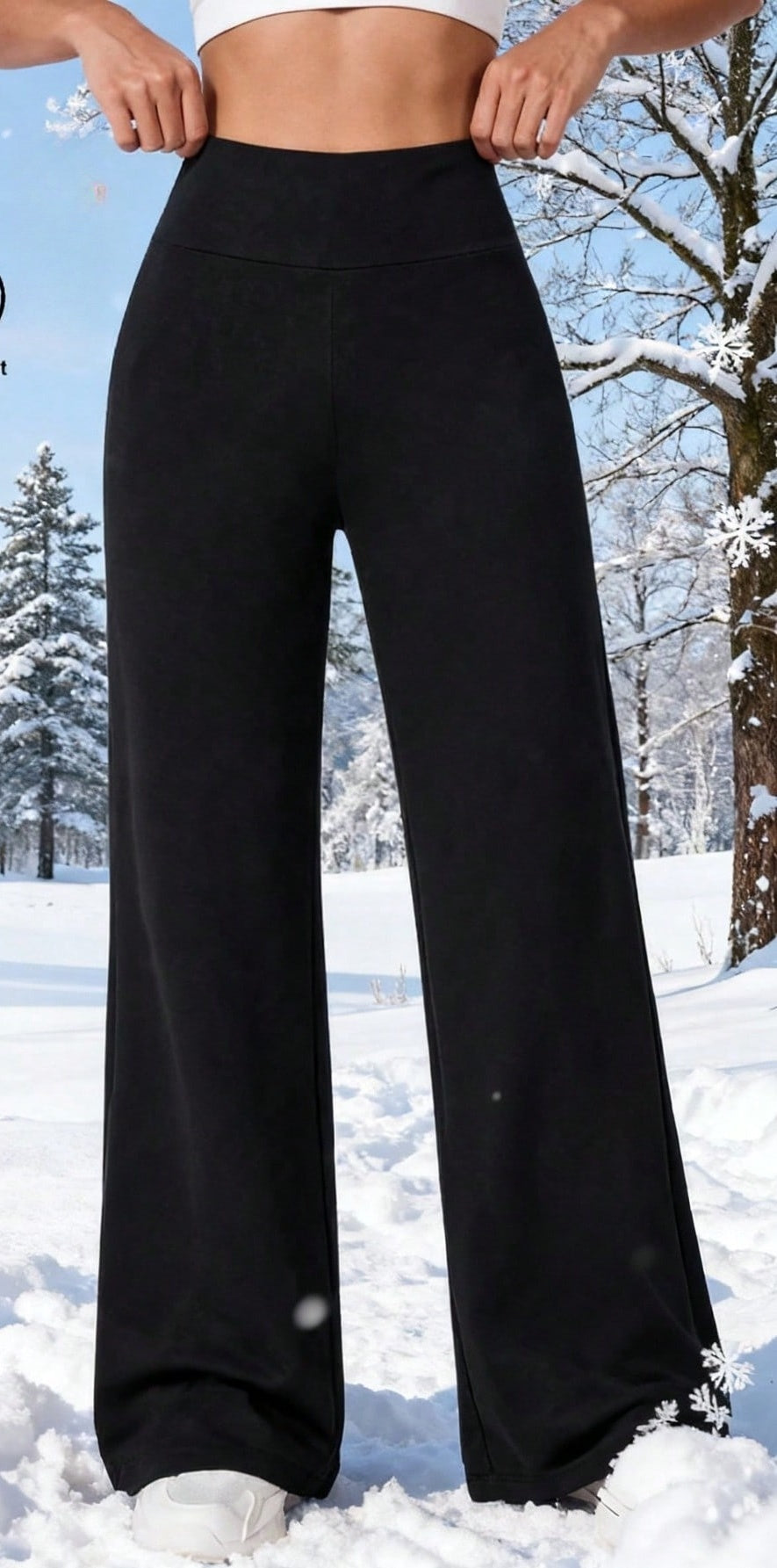 Thermal wide leg trousers for women with a high elastic waist - black