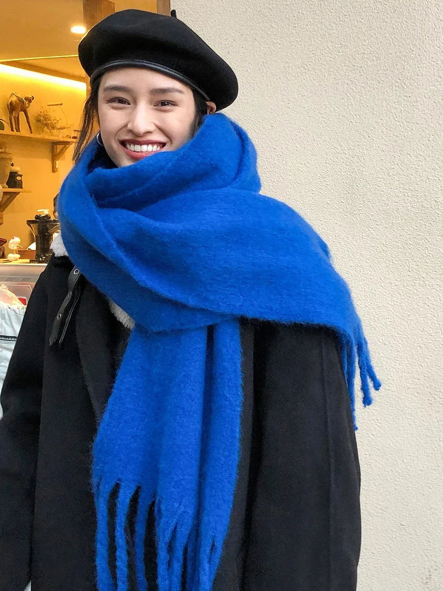 Women's thick plain scarf with a fluffy surface and long fringe at both ends