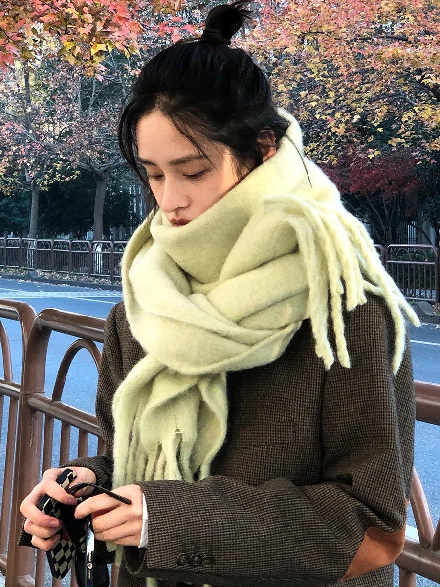 Women's thick plain scarf with a fluffy surface and long fringe at both ends