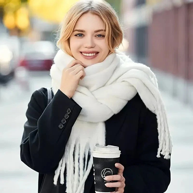 Women's thick plain scarf with a fluffy surface and long fringe at both ends - cream