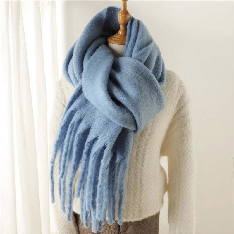 Women's thick plain scarf with large tassels at both ends
