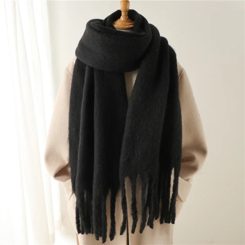 Women's thick plain scarf with large tassels at both ends - black
