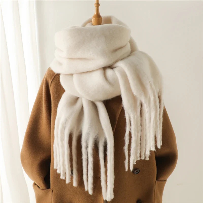Women's thick plain scarf with large tassels at both ends - cream