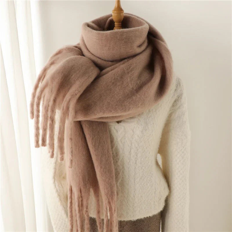 Women's thick plain scarf with large tassels at both ends - taupe