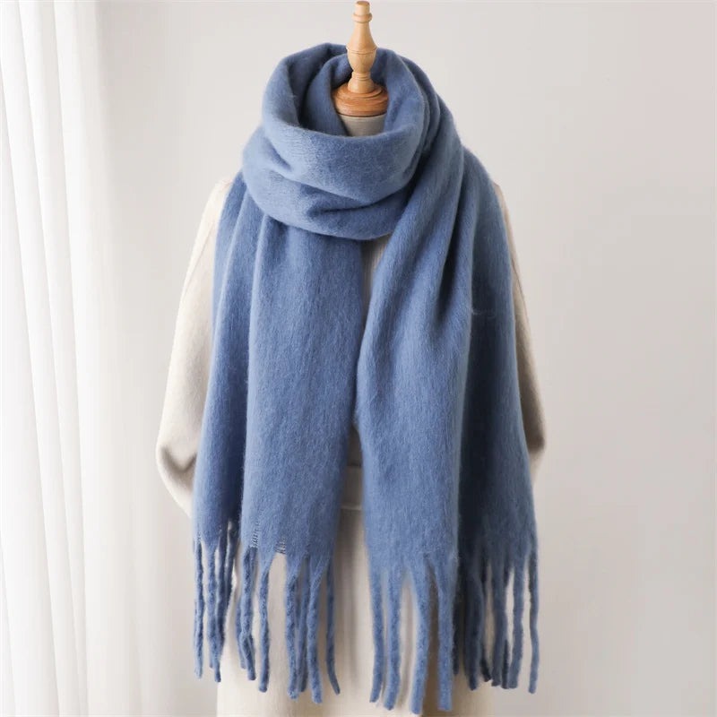 Women's thick plain scarf with large tassels at both ends - denim blue