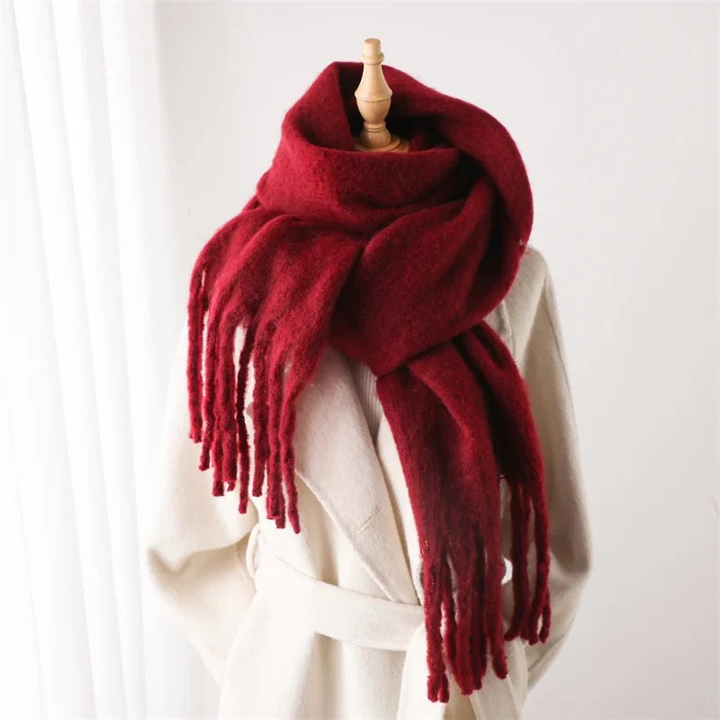 Women's thick plain scarf with large tassels at both ends - burgundy