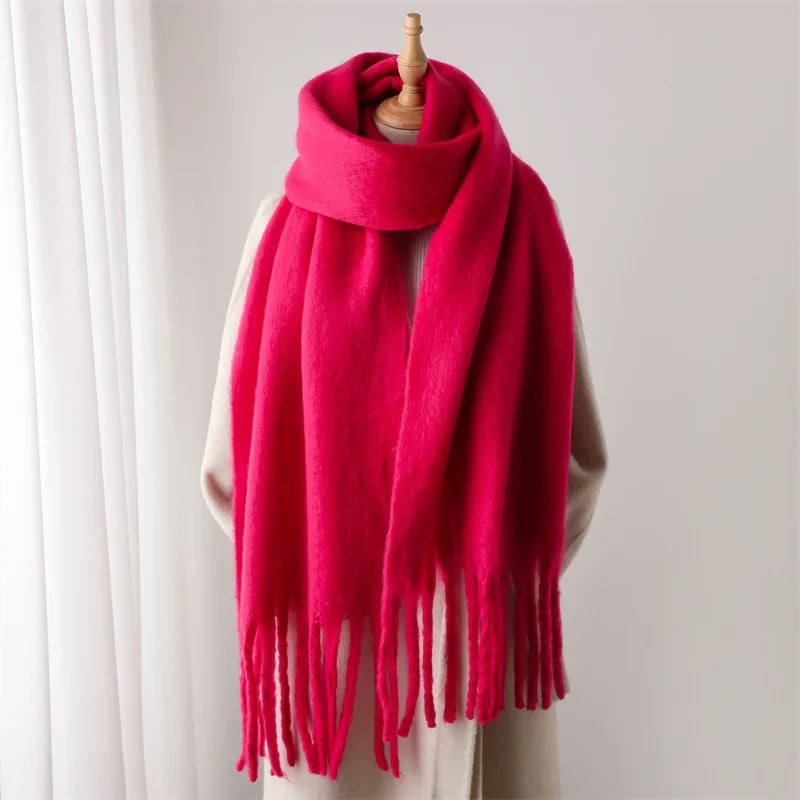 Women's thick plain scarf with large tassels at both ends - fuchsia