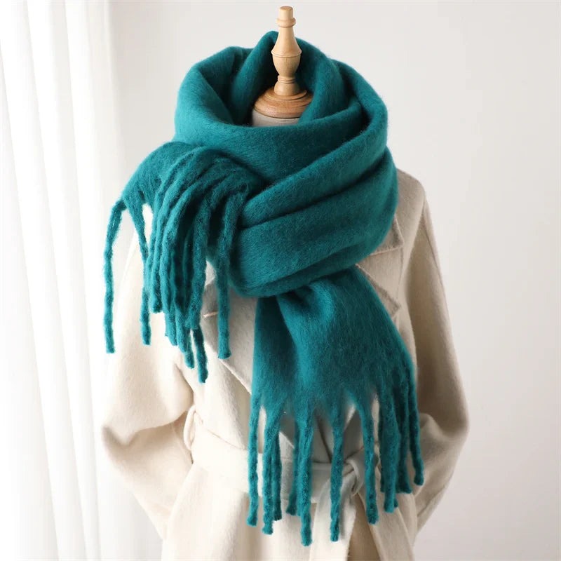 Women's thick plain scarf with large tassels at both ends - teal