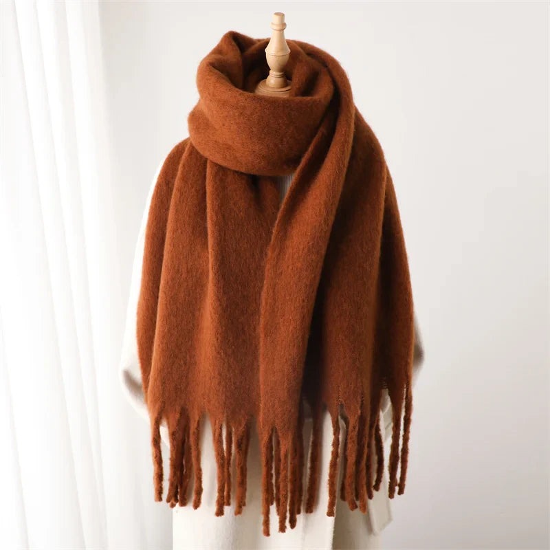 Women's thick plain scarf with large tassels at both ends - rust brown