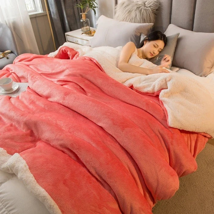 Thick sherpa blanket with a velvet-soft side on a bed - coral red