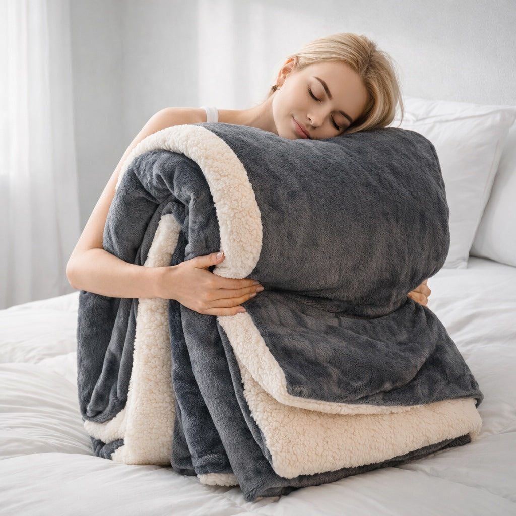 Thick sherpa blanket with a velvet-soft side on a bed - view 2