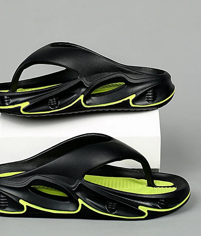 EVA flip flops with a thick sole and a two-tone nubbed footbed - black and lime