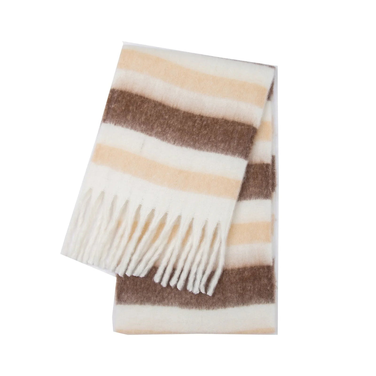 Women's thick striped scarf with wide stripes and chunky fringe - beige/brown