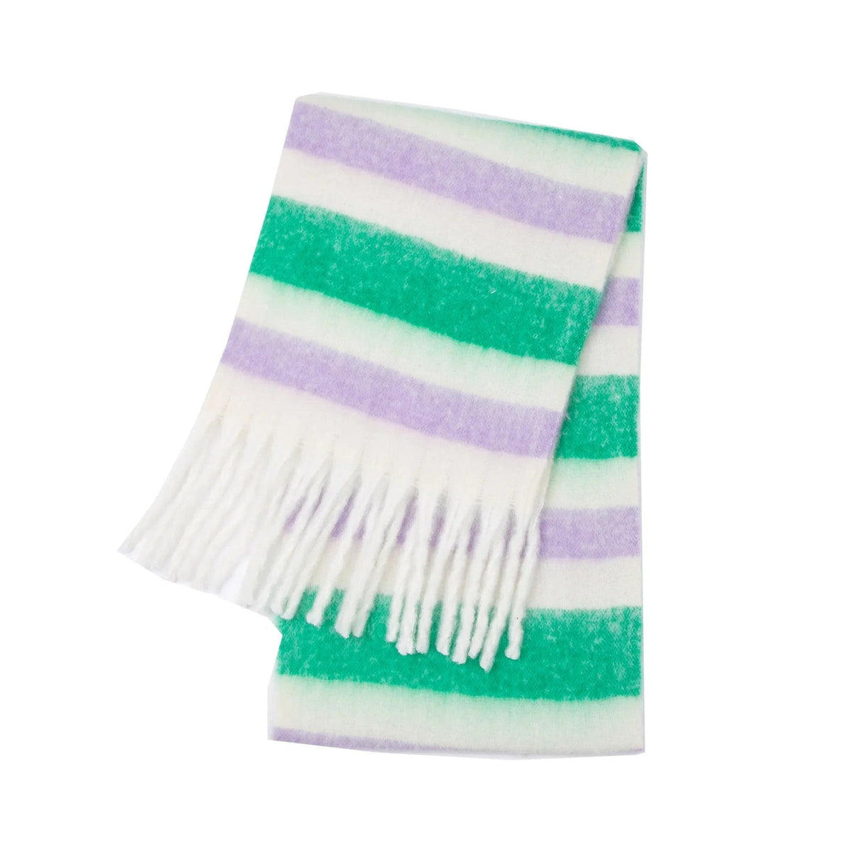 Women's thick striped scarf with wide stripes and chunky fringe - green/lilac