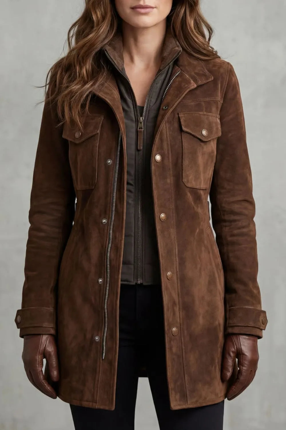 Women's thigh-length coat in faux suede with a zip, snap buttons and chest pockets - chestnut brown