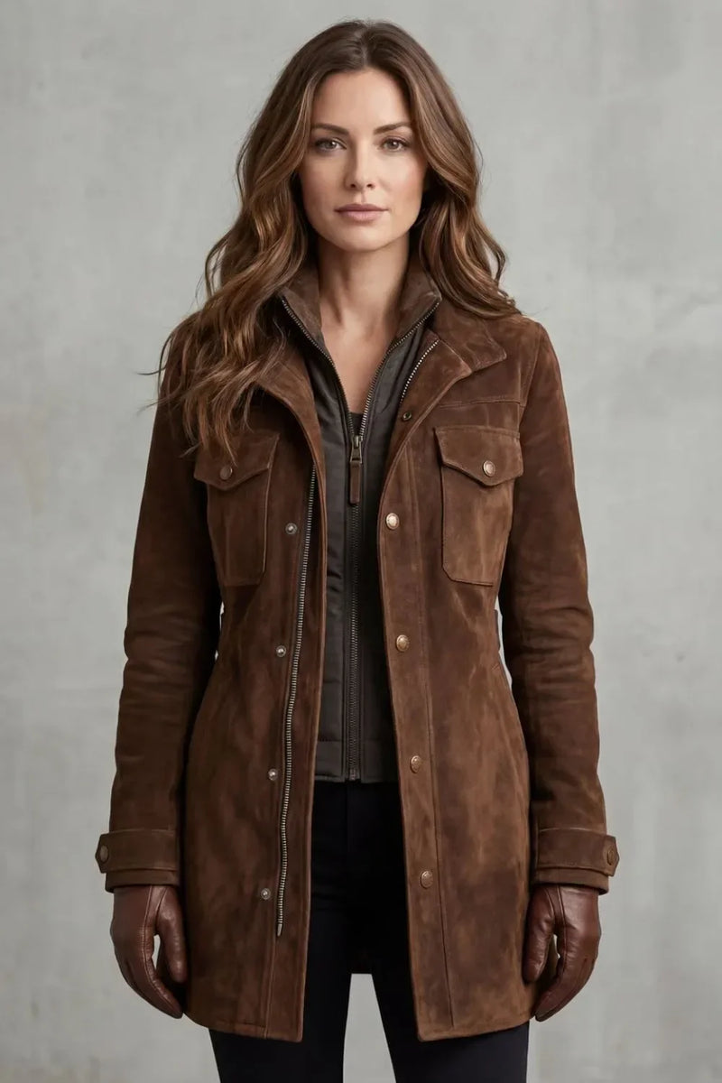Women's thigh-length coat in faux suede with a zip, snap buttons and chest pockets