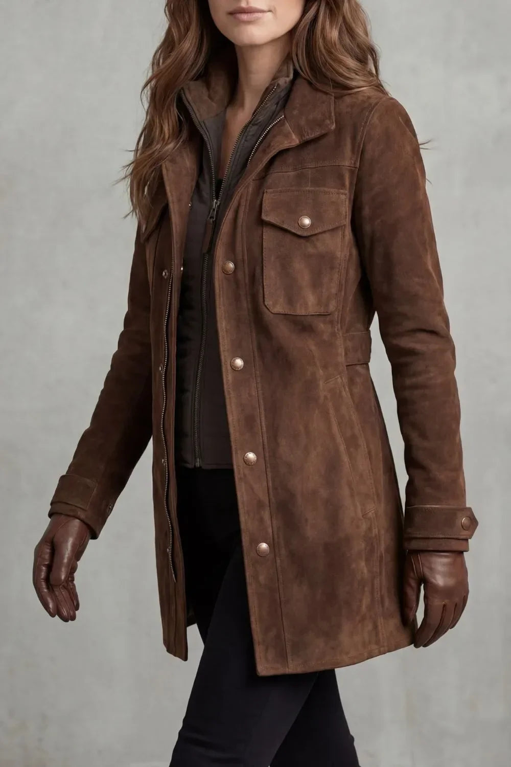 Women's thigh-length coat in faux suede with a zip, snap buttons and chest pockets