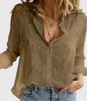 Women's Top - Linen Button Down Shirt with Lapel Collar in Blue