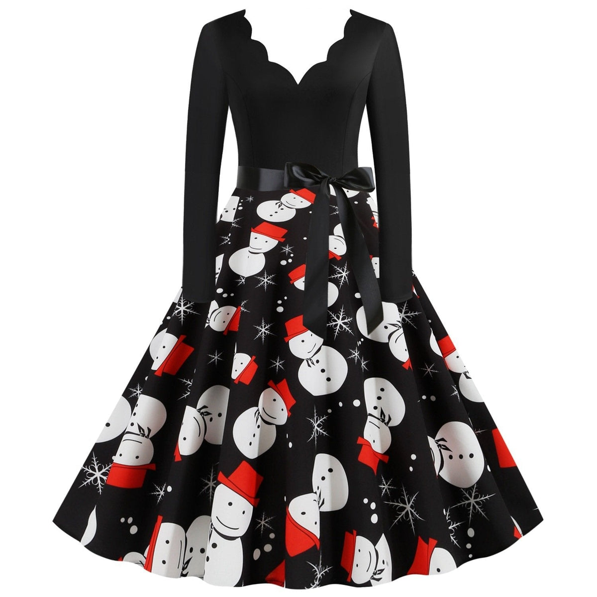 Women's black vintage Christmas dress with scalloped V-neck and snowman skirt