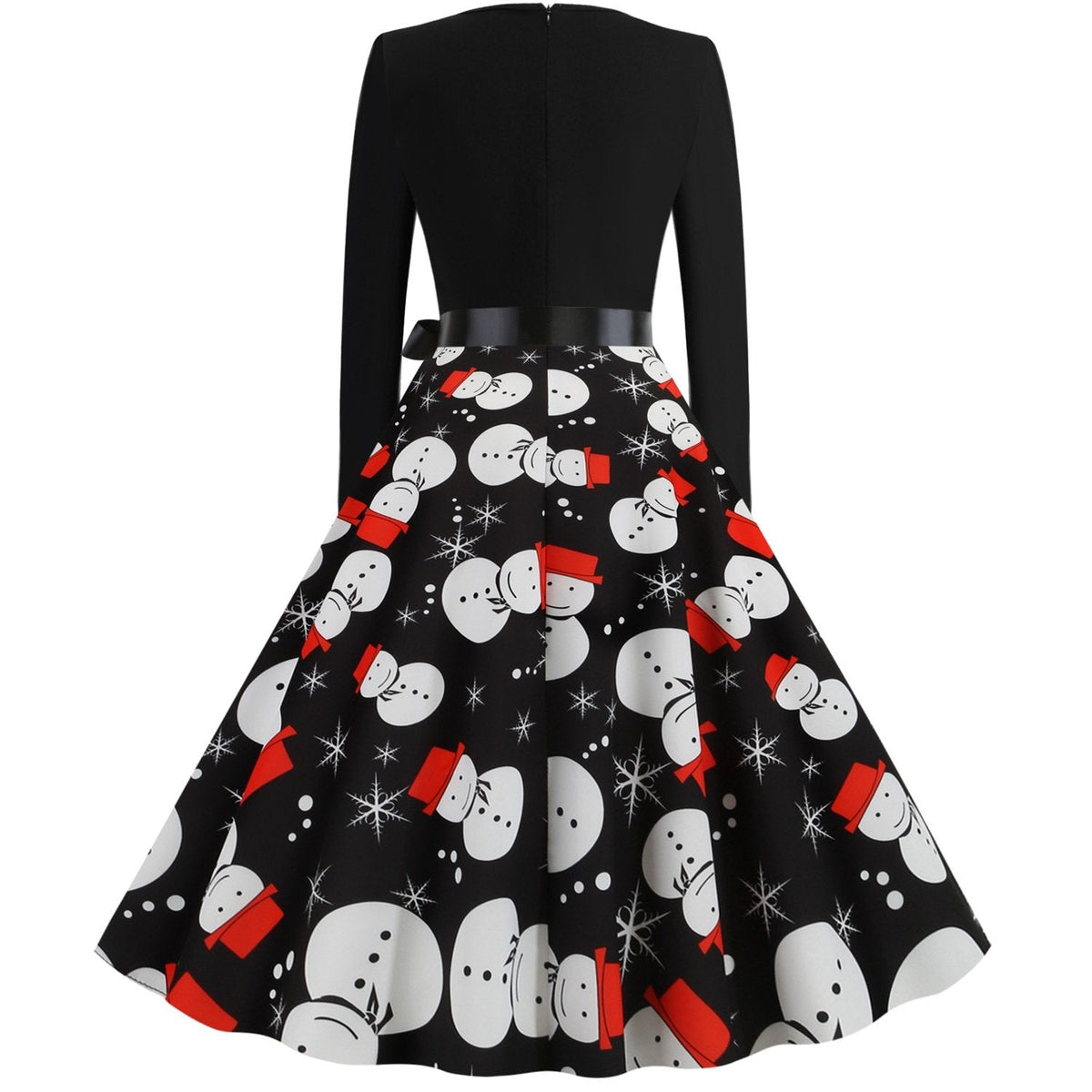 Women's black vintage Christmas dress with scalloped V-neck and snowman skirt