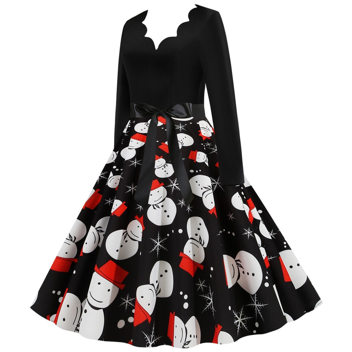 Women's black vintage Christmas dress with scalloped V-neck and snowman skirt