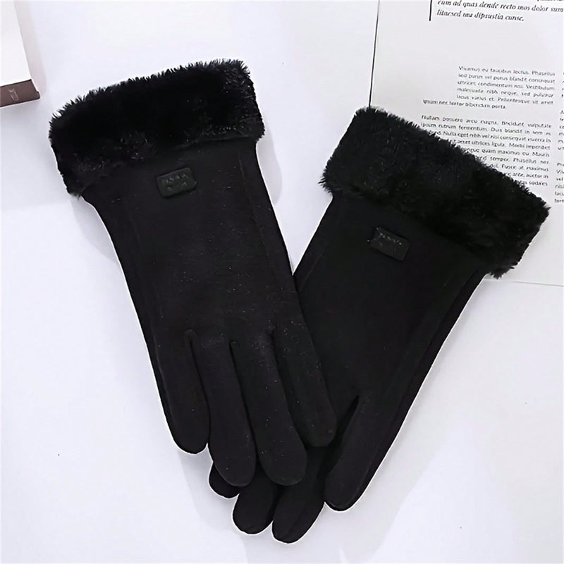 Touchscreen gloves for women in a suede look with a plush cuff - black