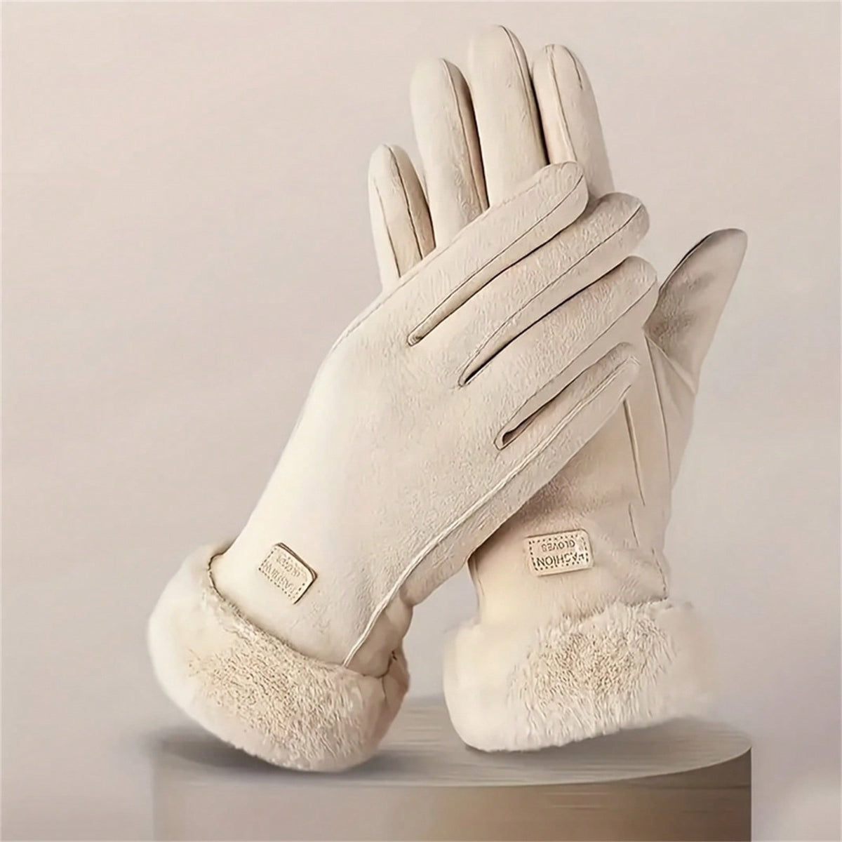 Touchscreen gloves for women in a suede look with a plush cuff - beige