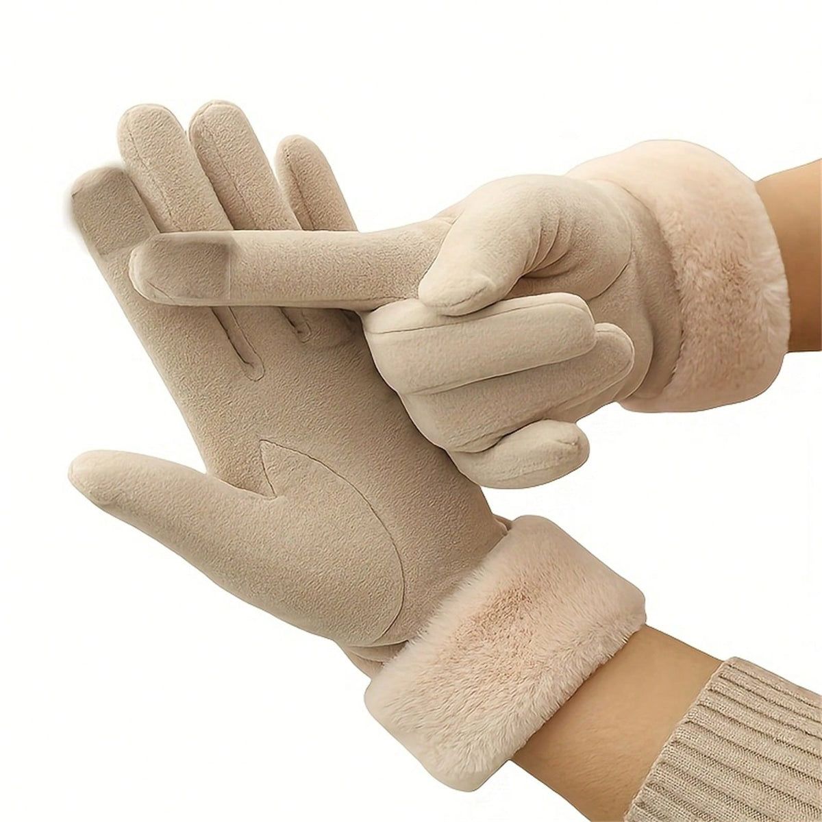 Touchscreen gloves for women in a suede look with a plush cuff - view 6