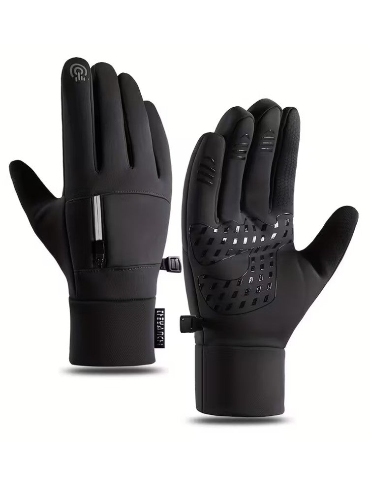 Winter gloves with touchscreen fingertip, grip-print palm and zip pocket