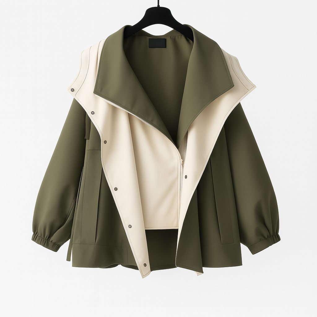 Women's two-tone hooded jacket with a wide collar and drawstring waist - olive