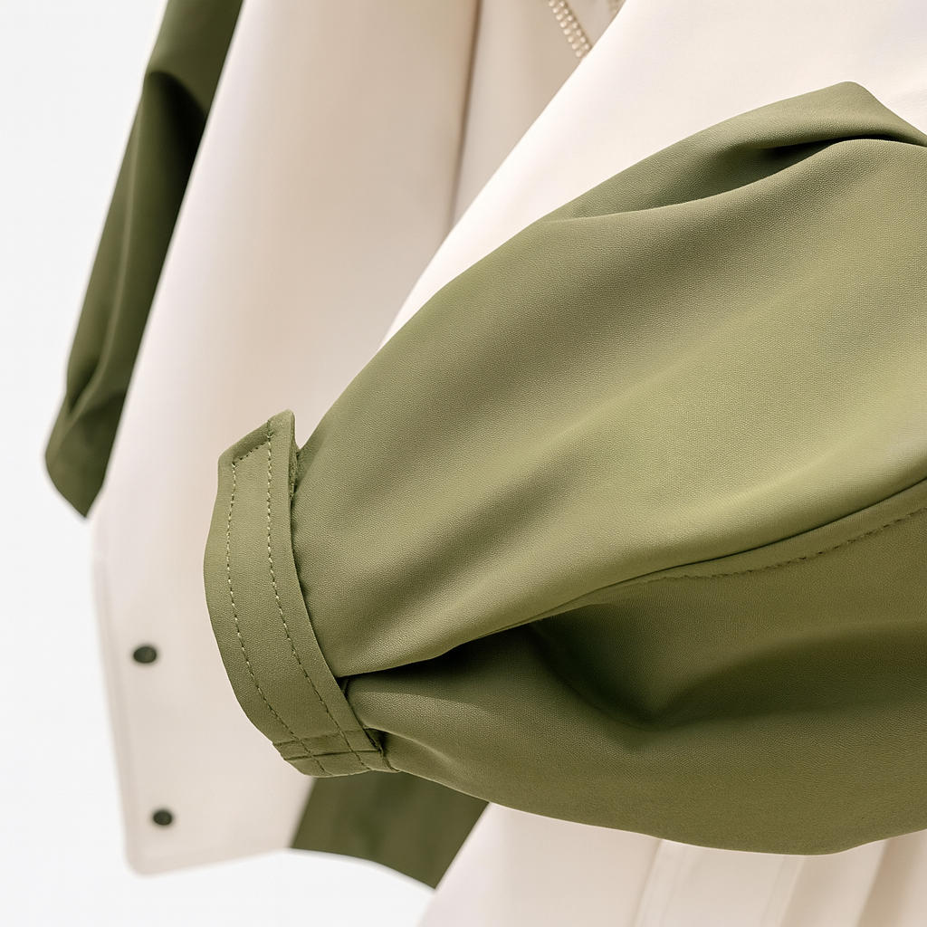 Women's two-tone hooded jacket with a wide collar and drawstring waist