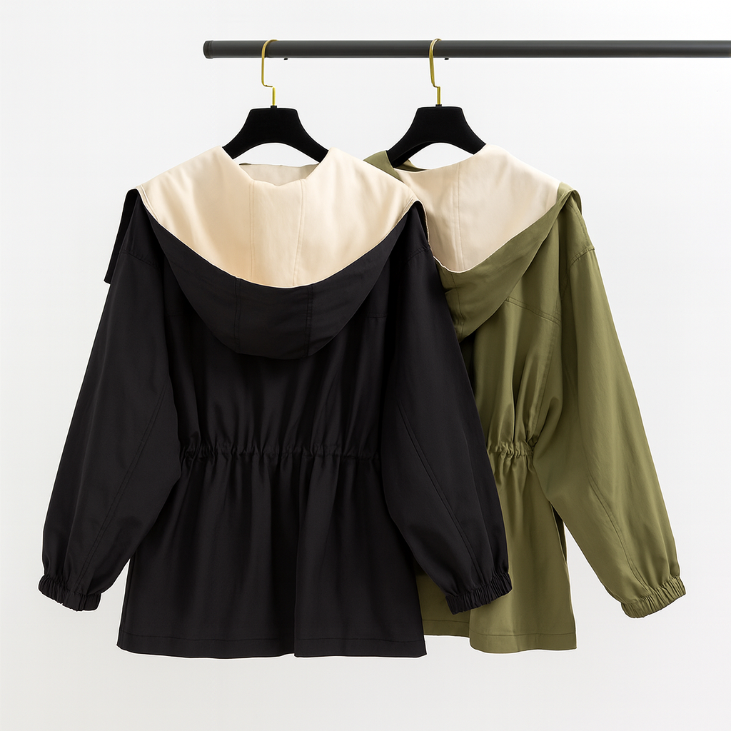 Women's two-tone hooded jacket with a wide collar and drawstring waist