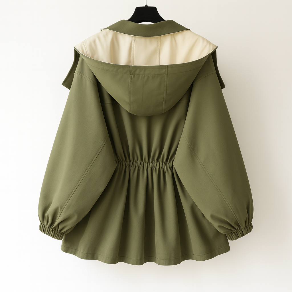 Women's two-tone hooded jacket with a wide collar and drawstring waist