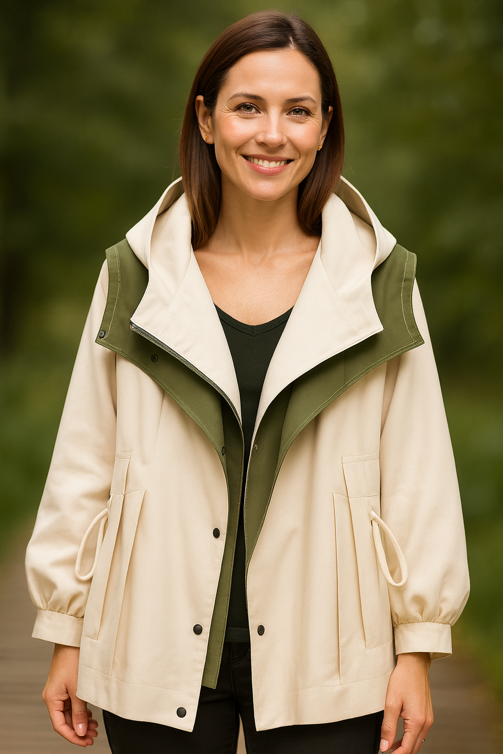 Women's two-tone hooded jacket with a wide collar and drawstring waist