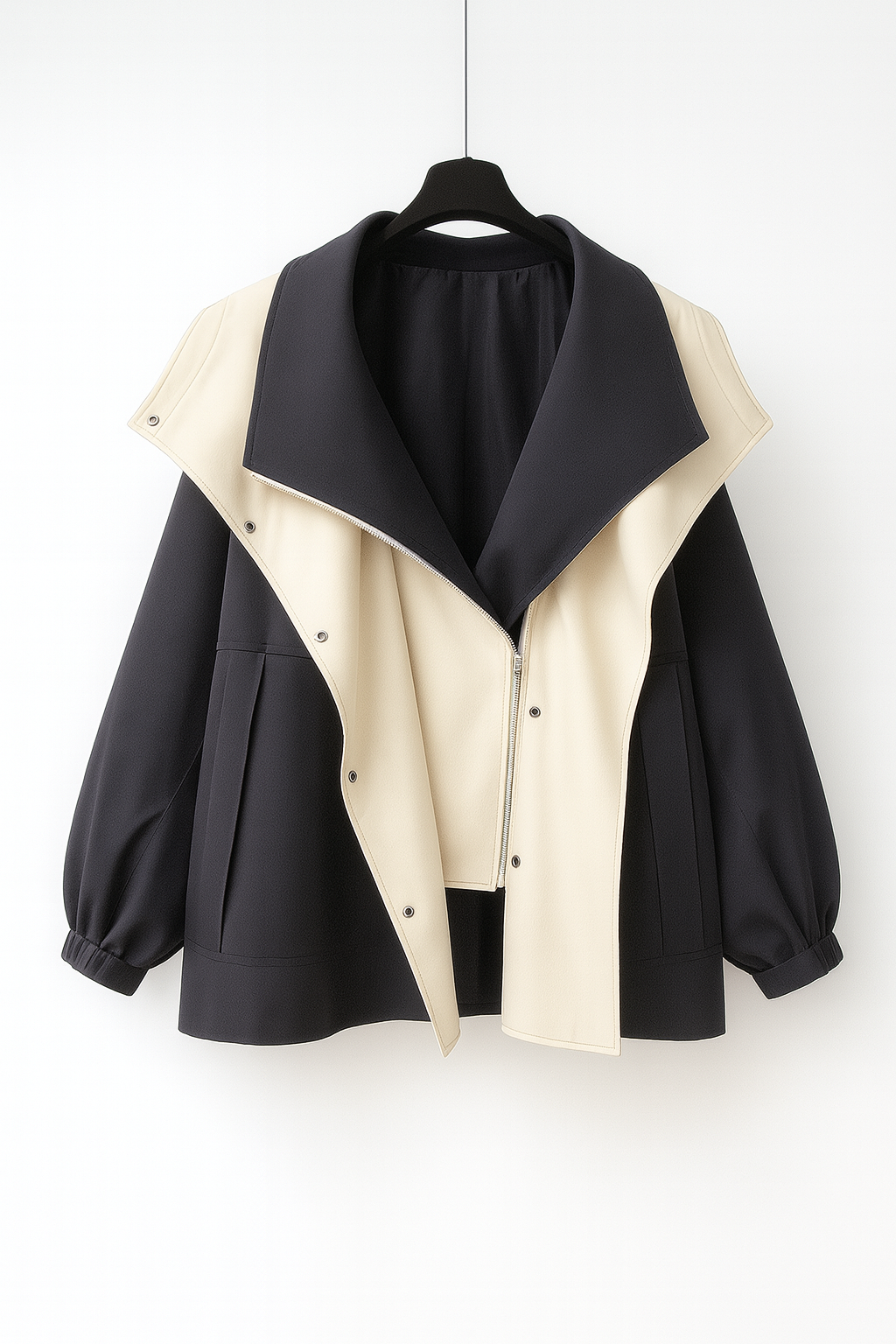 Women's two-tone hooded jacket with a wide collar and drawstring waist - black