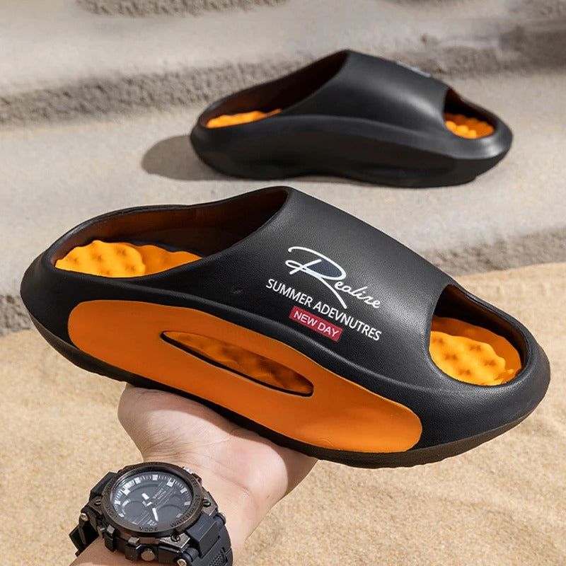 EVA sliders with a wavy footbed in a contrasting colour and thick sole