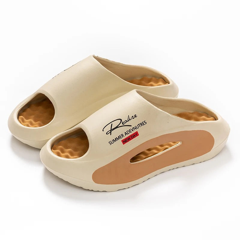 EVA sliders with a wavy footbed in a contrasting colour and thick sole - beige / tan