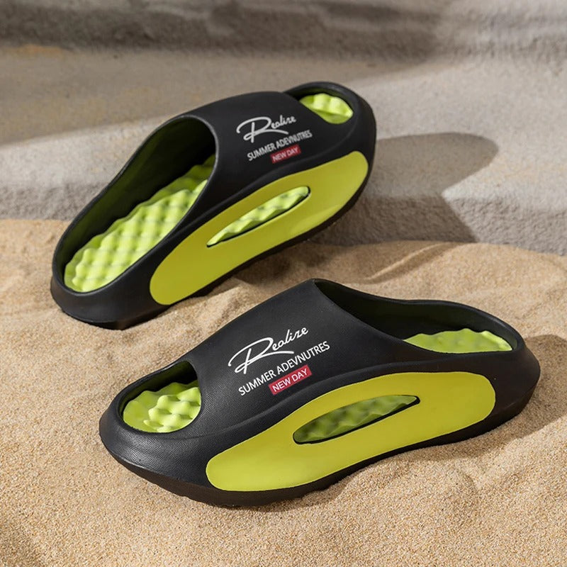 EVA sliders with a wavy footbed in a contrasting colour and thick sole - view 6