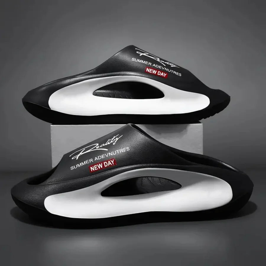 EVA sliders with a wavy footbed in a contrasting colour and thick sole - view 9