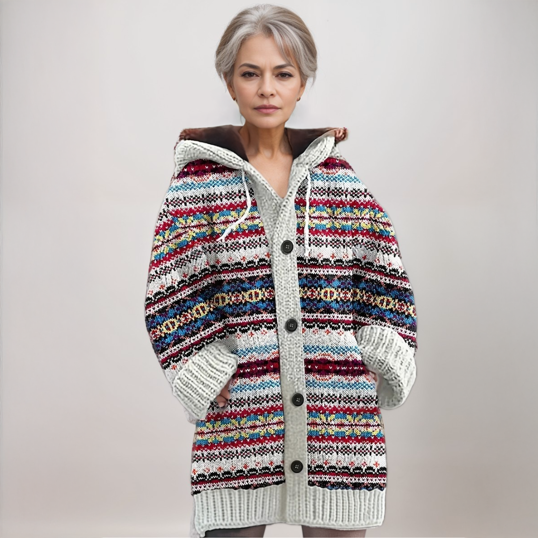 Women's chunky knit hooded cardigan in Cream Jacquard