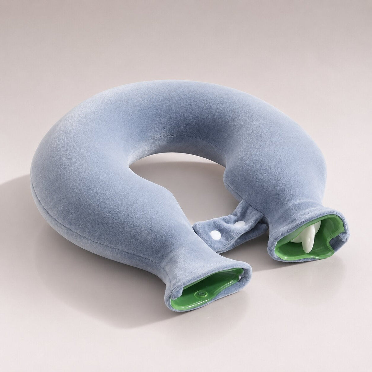 U-shaped neck hot water bottle with a soft plush cover - dusty blue